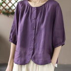 Cotton And Linen Shirt Women's Elegant Single-breasted Round Neck Top