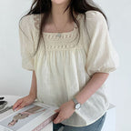 Niche Elegant Square Collar Hollow Crocheted Loose All-match See-through Puff Sleeve Shirt