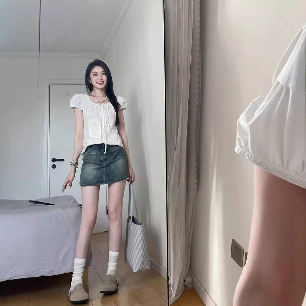 U-collar Shirt Women's Shoulder Slim-fit Short Puff Sleeve Shirt