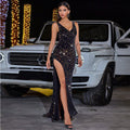 High Slit Sequined Evening Dress Without Back