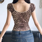 Leopard Print Butterfly Hollow-out Short Sleeve Knot Waist Show Umbilical Top