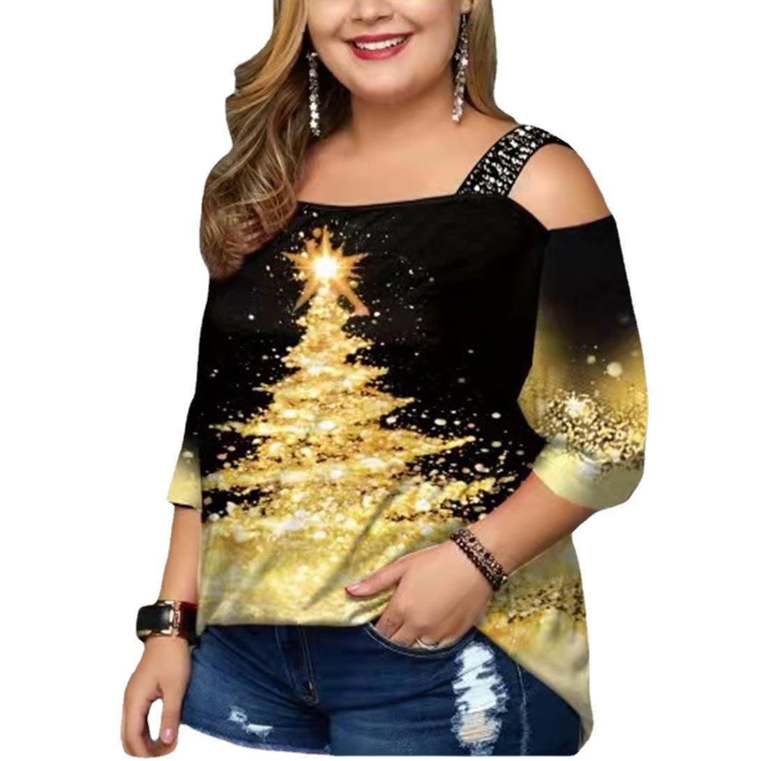 Women's Christmas Tree Print Off-shoulder Loose Short Sleeve Plus Size T-shirt Top