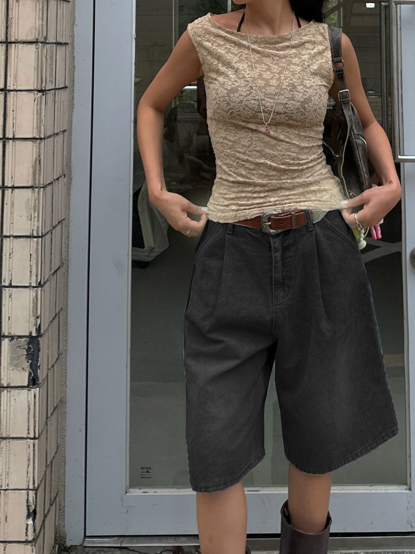 Retro Pleated Wide Leg Straight Denim Shorts Without Belt