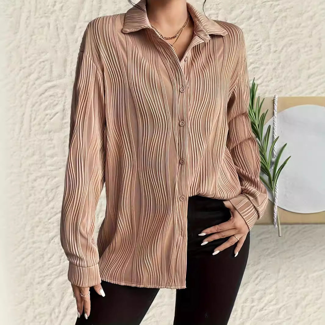Fashionable Women's Plus Size Shirt With Fold-down Collar And Button Texture