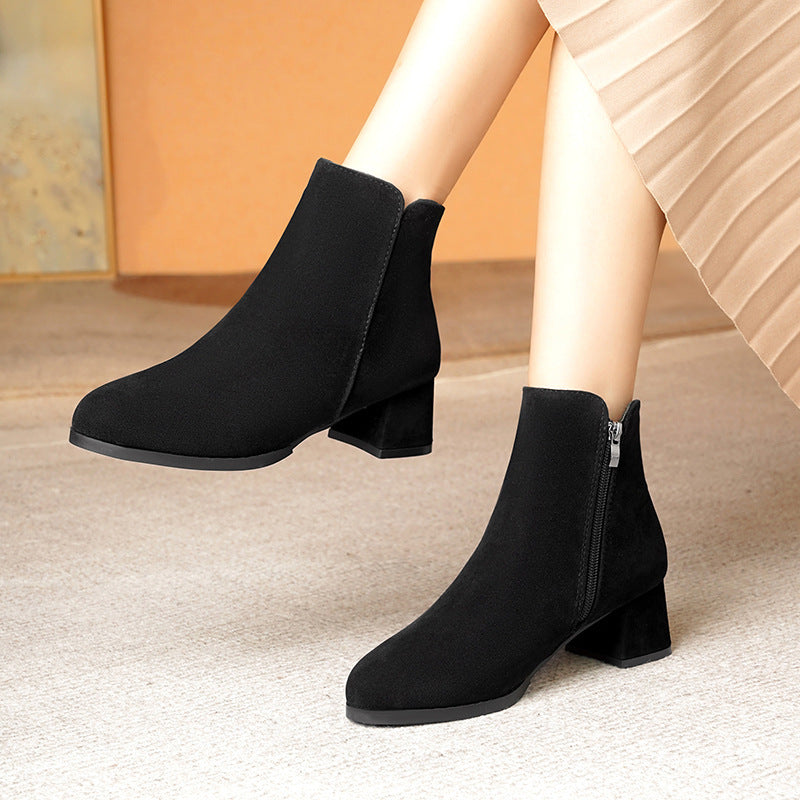 Pointed-toe Frosted Suede Side Zipper Chunky Heel Mid Heel Plus Size Female Boots