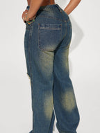 Retro Heavy-duty Washed Knee Ripped Wide-legged Jeans