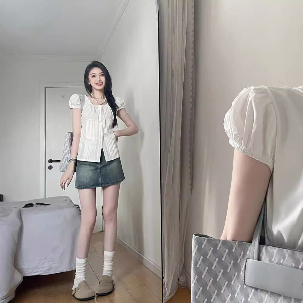 U-collar Shirt Women's Shoulder Slim-fit Short Puff Sleeve Shirt