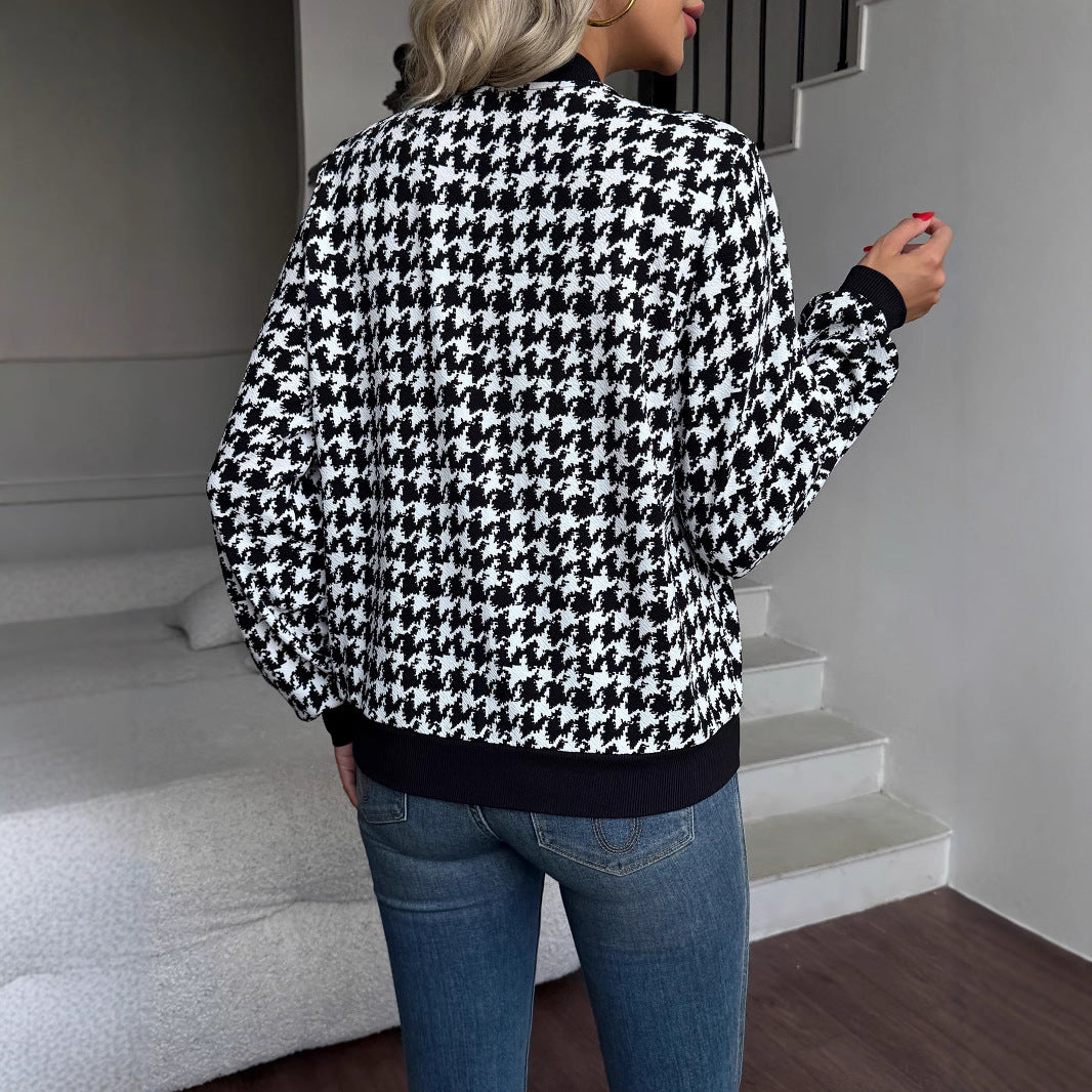 Zipper Houndstooth Jacket Loose Slim-fit Casual Shirt
