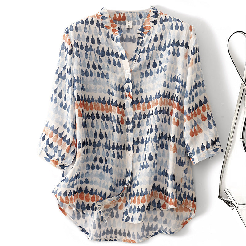 Chiffon Shirt Retro Art Floral Print Lapel Shirt