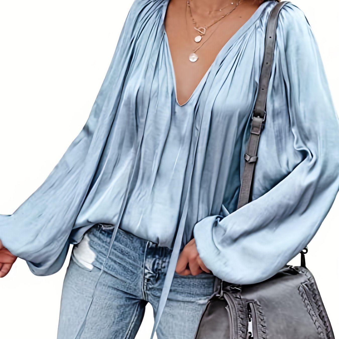 Women's Satin V-neck Long Sleeve Shirt Casual