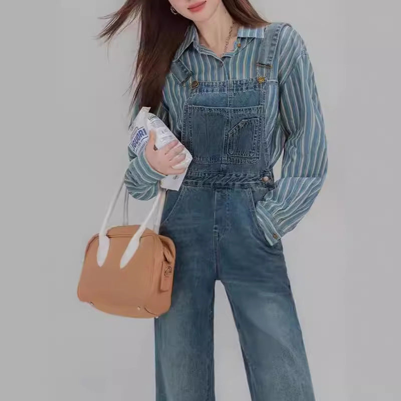 Blue Shoulder Strap Jeans Loose Straight Slimming Shirt