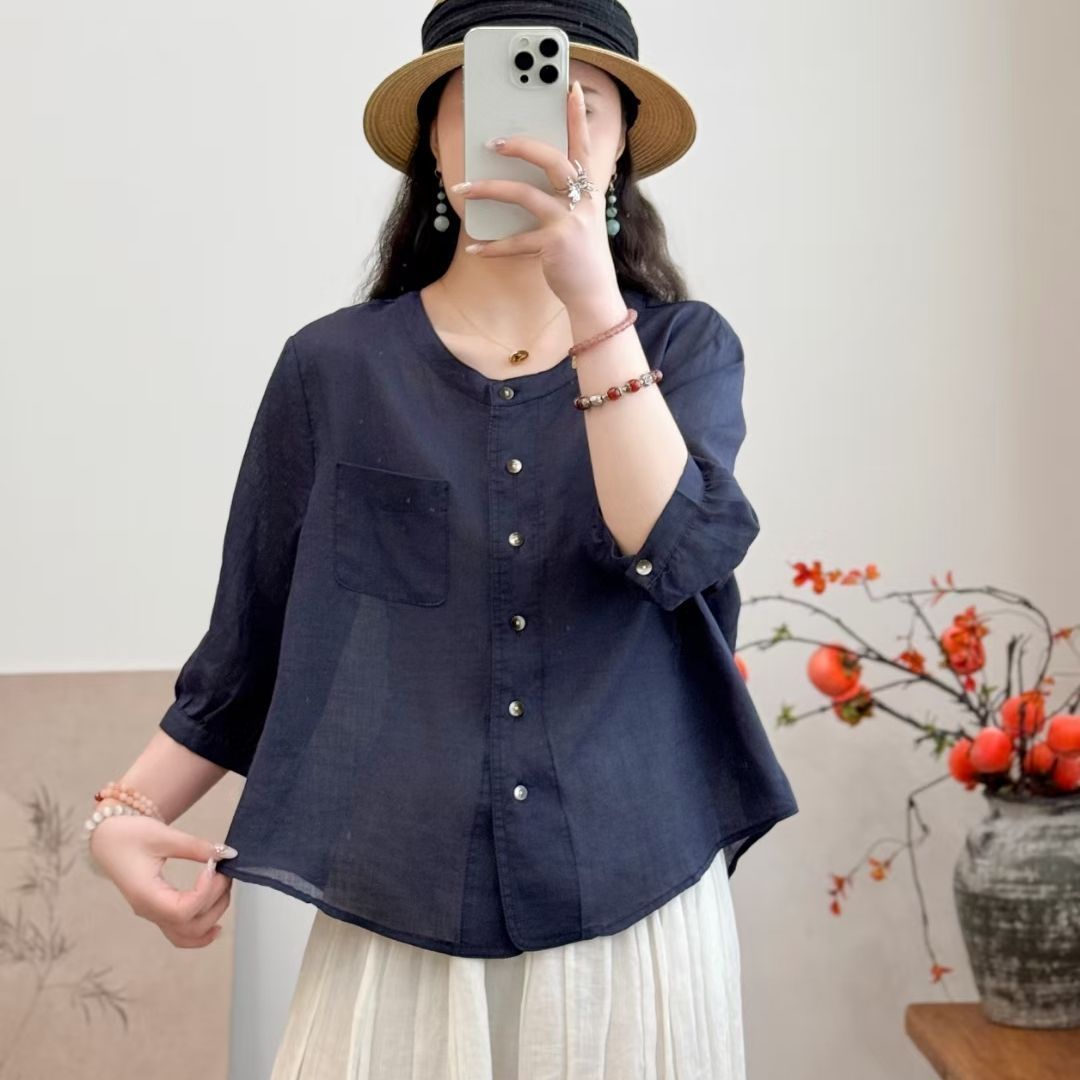 All-matching Western Style Cotton And Linen Short Sleeve Shirt