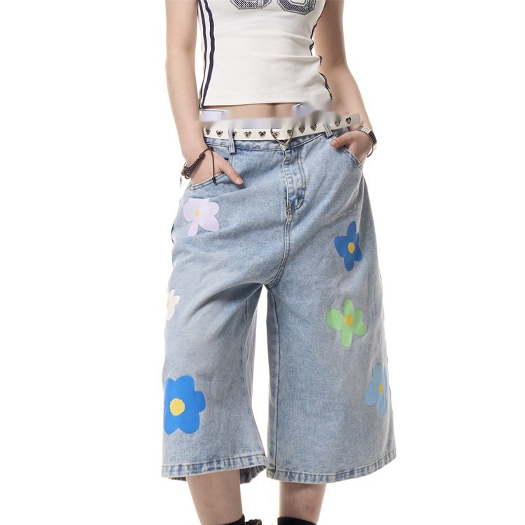 American Vintage Small Flower Loose Straight-leg Denim Cropped Pants For Women