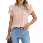 Summer Pleated Short Sleeve Round Neck Top Business Work Shirt