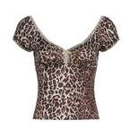 Leopard Print Butterfly Hollow-out Short Sleeve Knot Waist Show Umbilical Top