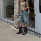 Retro Pleated Wide Leg Straight Denim Shorts Without Belt